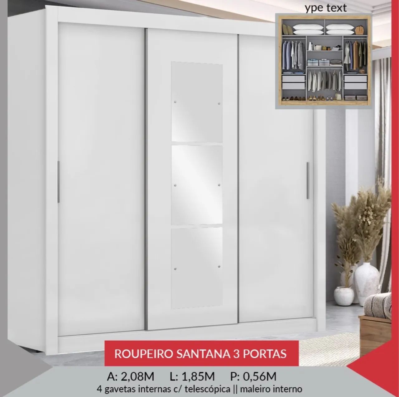 Roupeiro Santana 3 Portas com espelho 