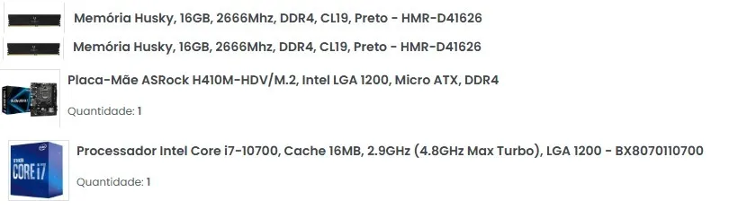 Processador i7 10ª Geração, Memoria 32GB e Placa Mãe