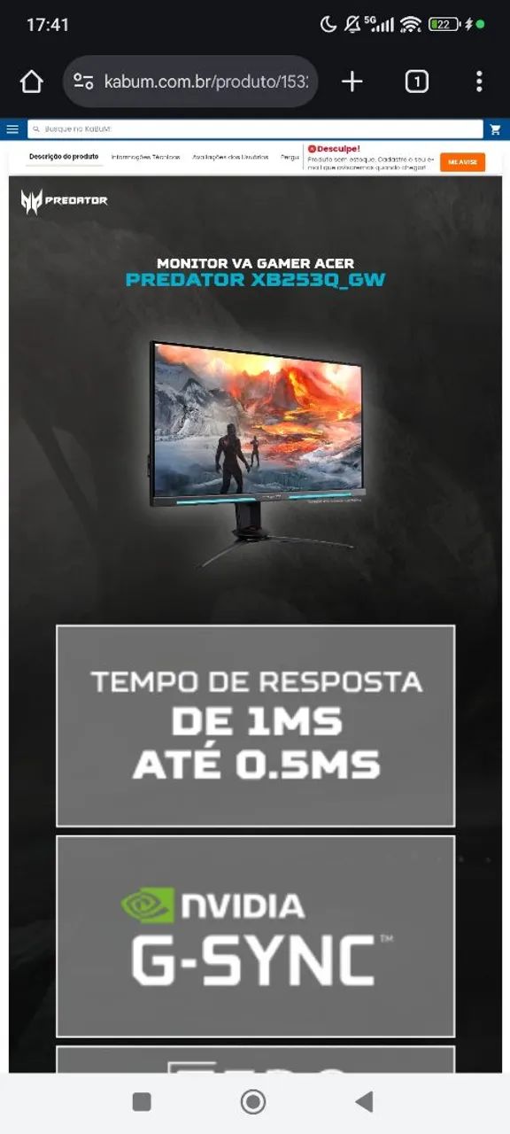 G Sync Predator Xb253q Gw Monitor 280hz Gamer Acer Predator