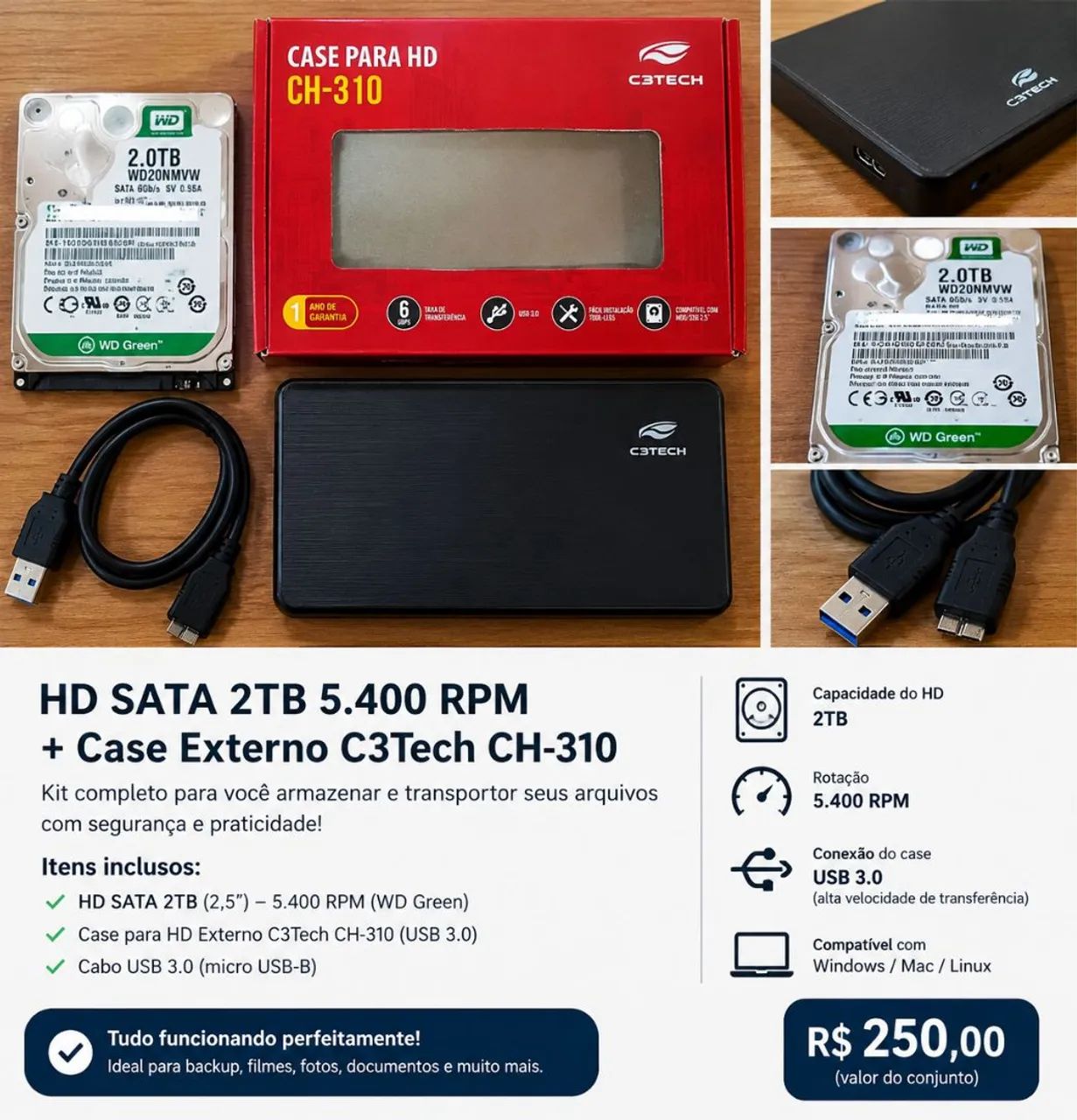 HD Externo 2TB SATA + Case C3Tech USB 3.0