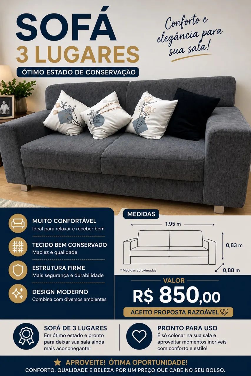 Sofá 3 Lugares Bem Conservado