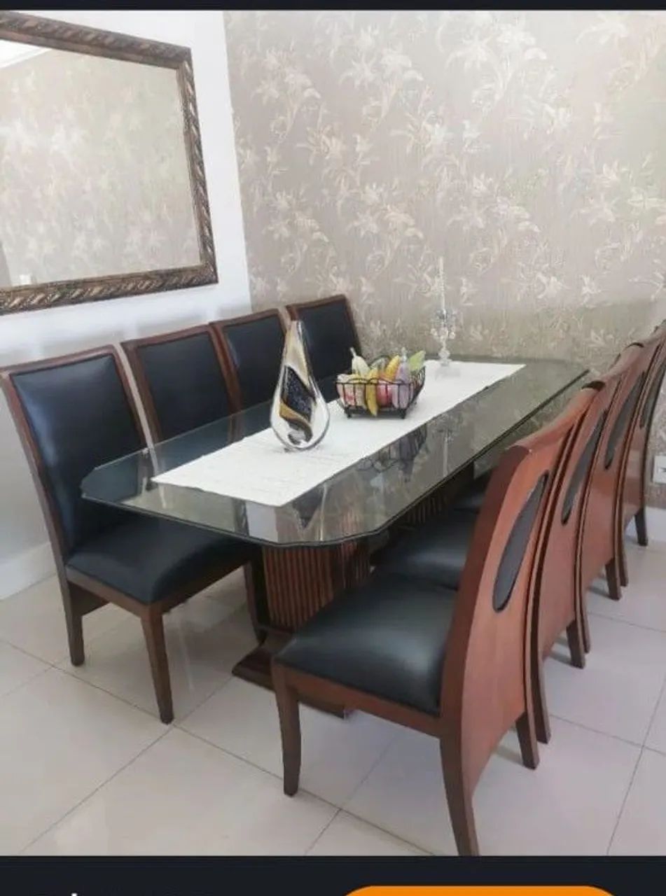 Conj de mesa de jantar completo com base e vidro 2cm, 8 cadeiras c estofado novo. - Foto 5
