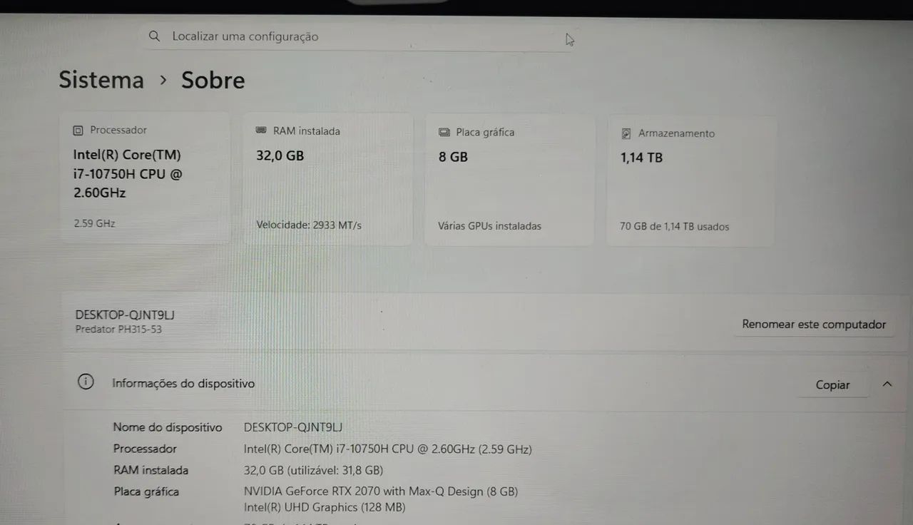 Notebook predator rtx 2070 max-q 32gb ram i7 - Foto 4