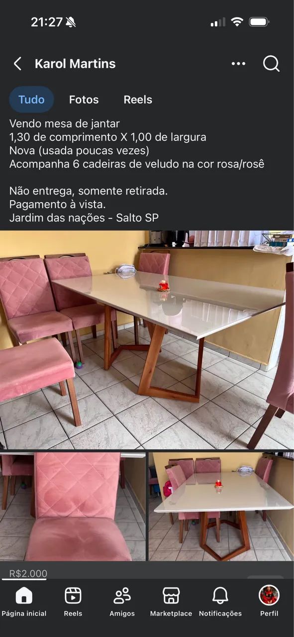 Mesa de jantar 6 cadeiras rosé laqueada 