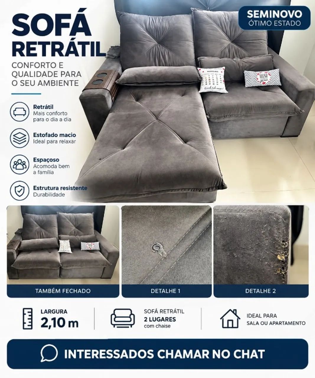 SOFÁ RETRÁTIL 2,10 M