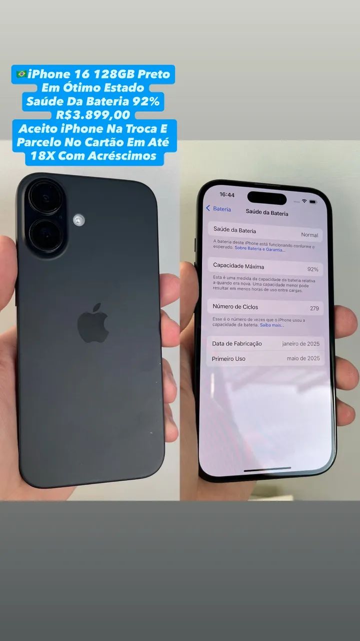 iPhone 16 128GB Preto | Saúde Da Bateria 92% Usado - Celulares e
