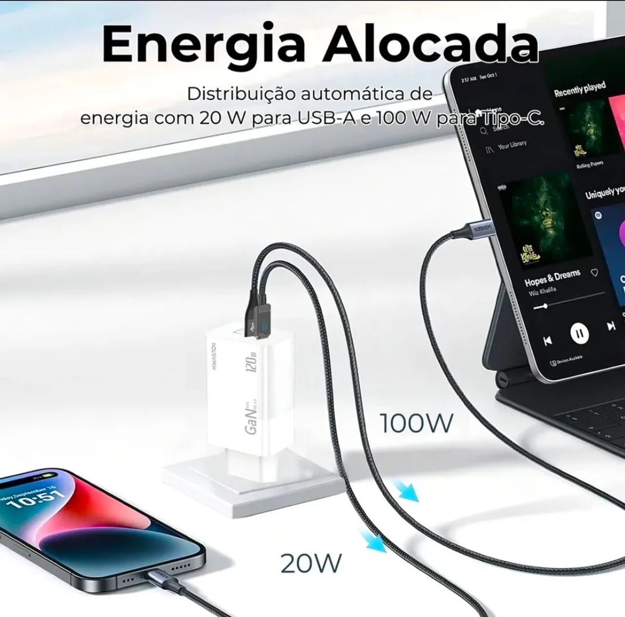 Carregador Turbo 120W GaN USB-C 100W + USB-A 20W para iPhone , Android e Notebooks  - Foto 5