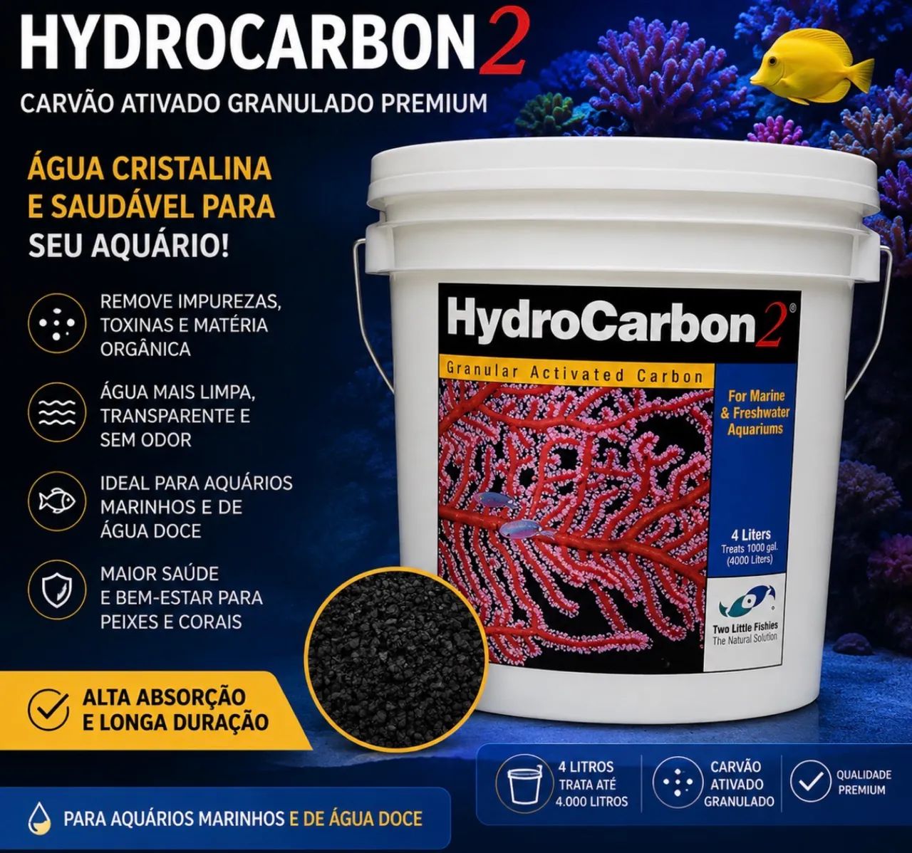 HydroCarbon 2 Two Little Fishies 4 Litros | Carvão Ativado Premium para Aquário