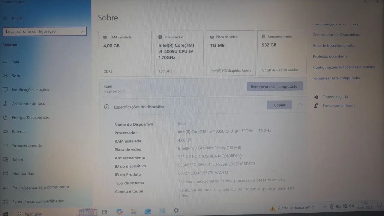 Notebook Dell inspirou 15 polegadas i3 de quarta geração 4gb de ram ssd de 1 tb - Foto 5