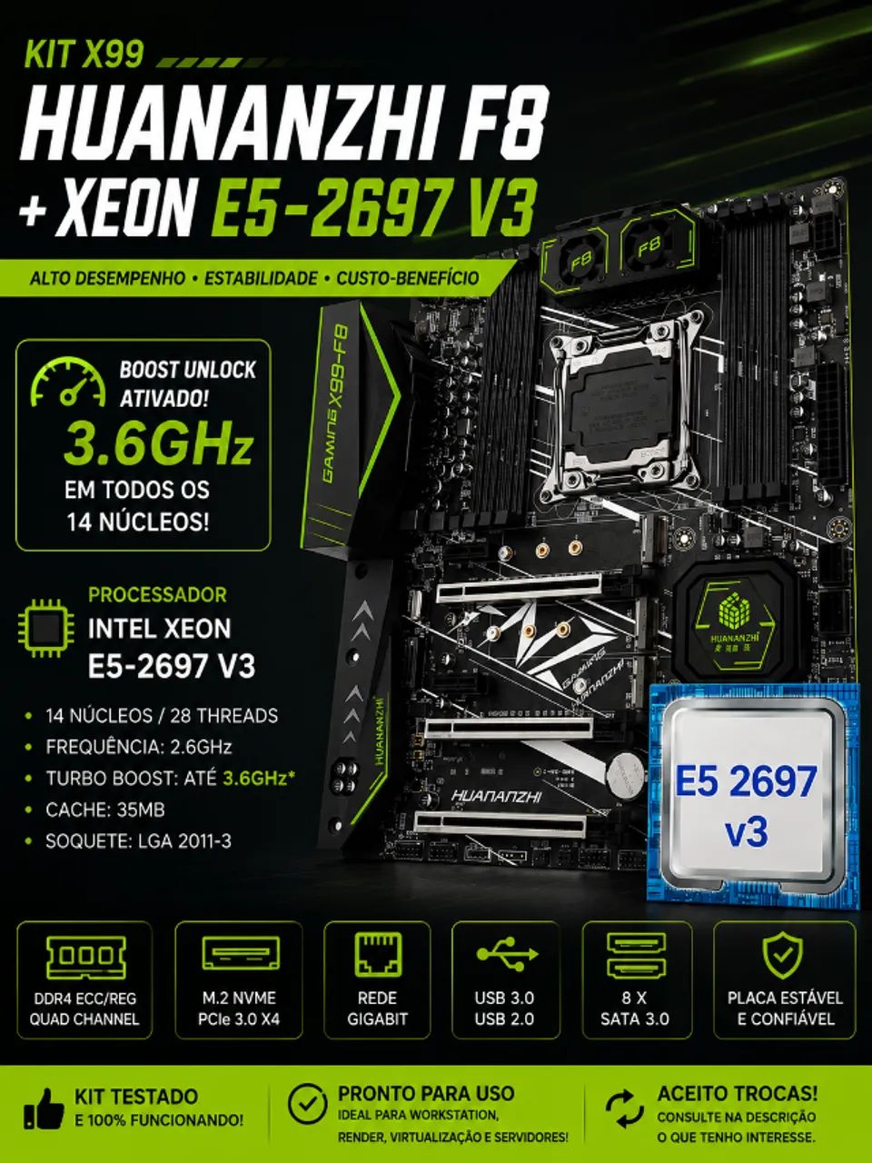 HUANANZHI F8 + Intel Xeon E5-2697 v3 - Kit X99 - Peças de Hardware