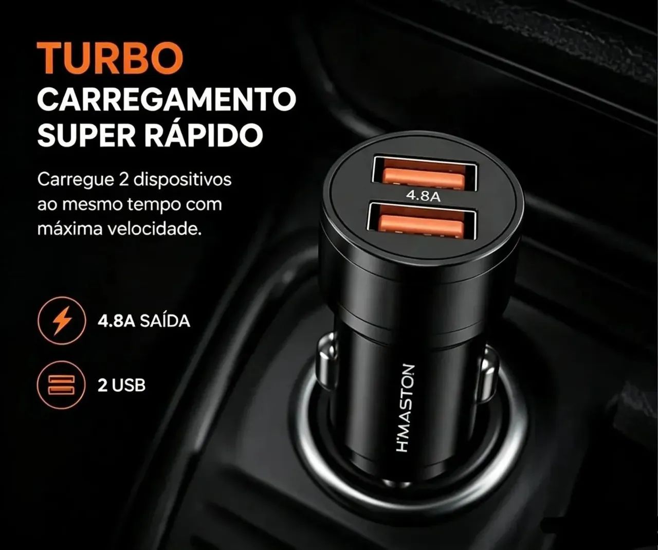 Carregador Veicular 4.8A 2 USB Com Cabo Tipo C Carga Rápida Preto<br> - Foto 3