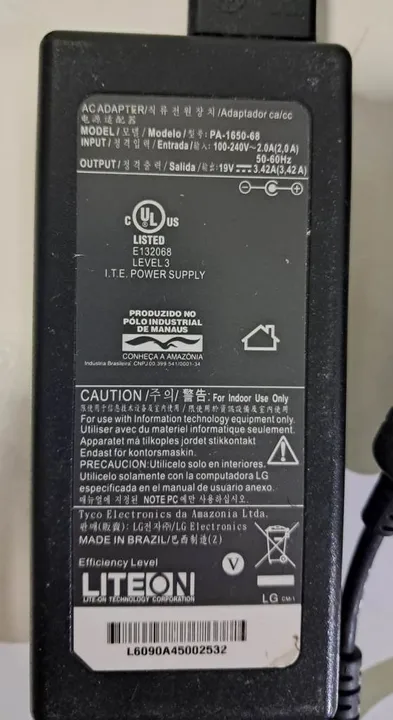Carregador Notebook Liteon 19V - 3,42A usado, só 60,00