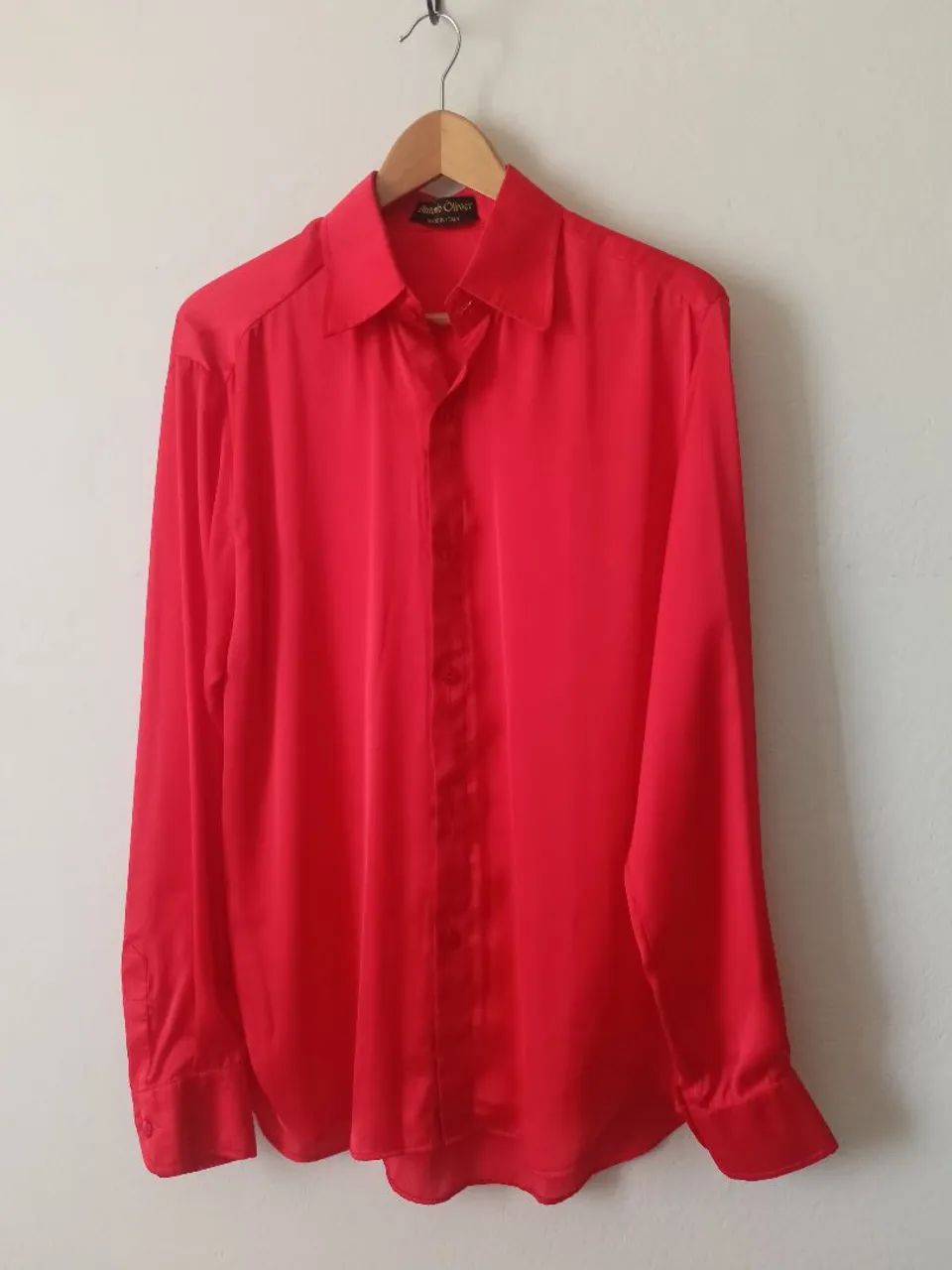 Camisa masculina social seda vermelha mangas longa 