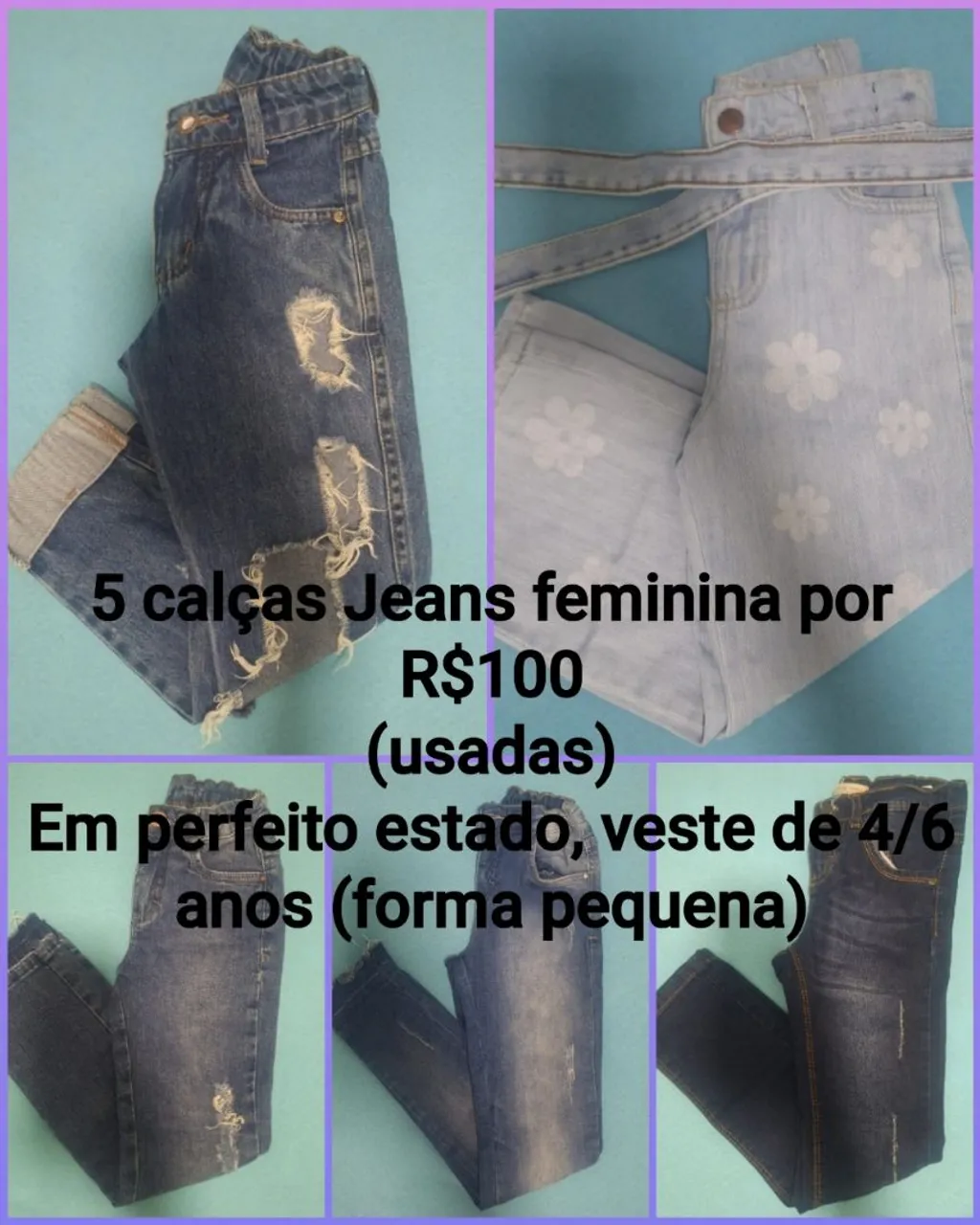 5 calças jeans feminina para meninas 4/6 anos