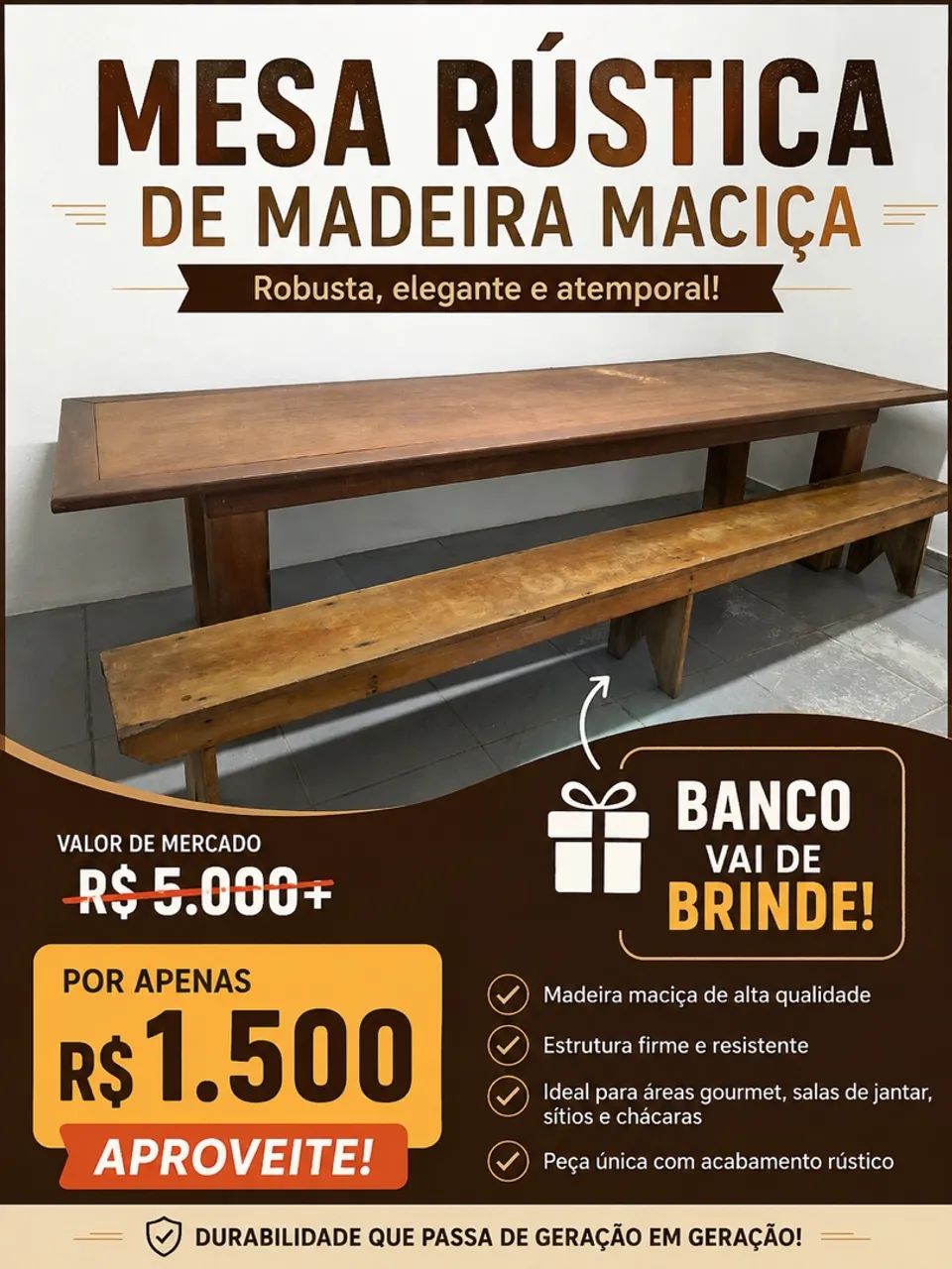 Mesa rústica madeira de Lei 