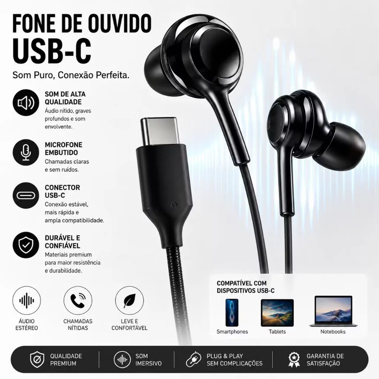Fone De Ouvido Entrada Tipo-C com 4 ear tips extras 3.5 mm Usb