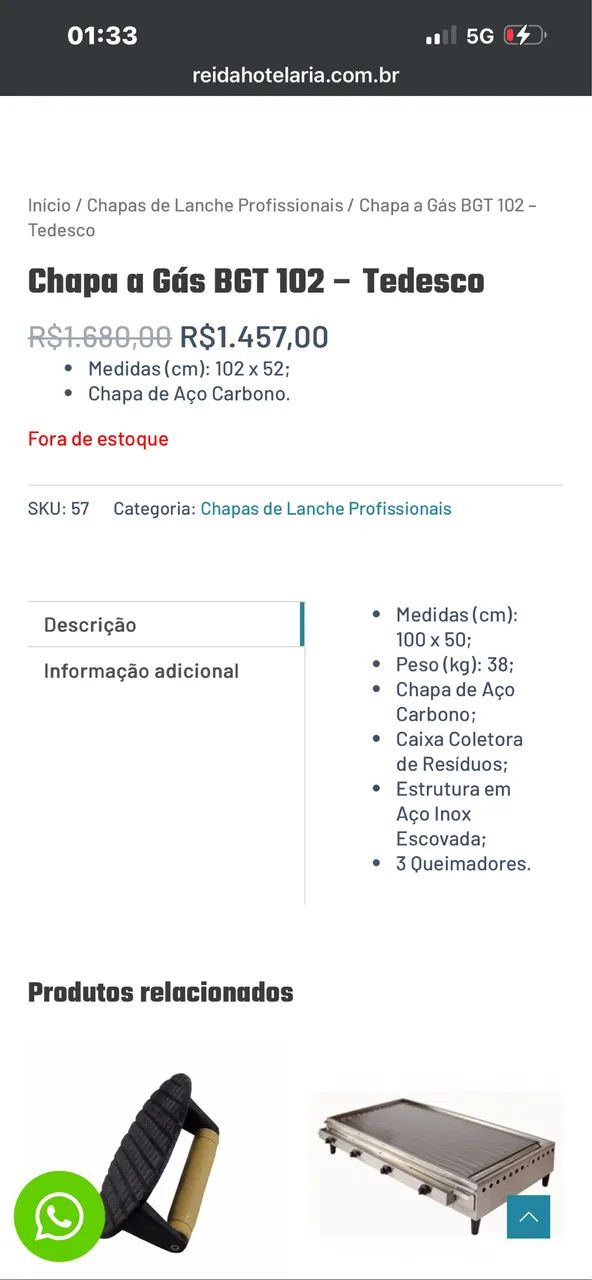 Chapa a gás Tedesco em aço 1 metro por 50 cm - Foto 2