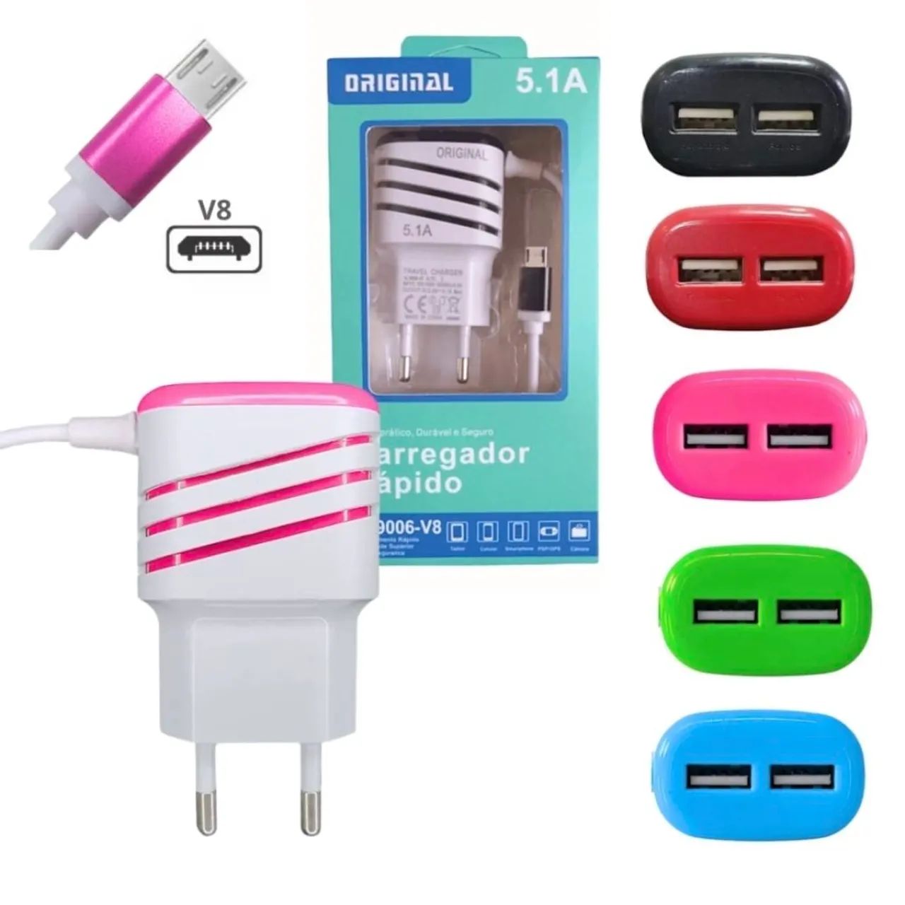 Carregador V8 com 02 Portas USB 5.1A Cabo Fixo e Luz de Led