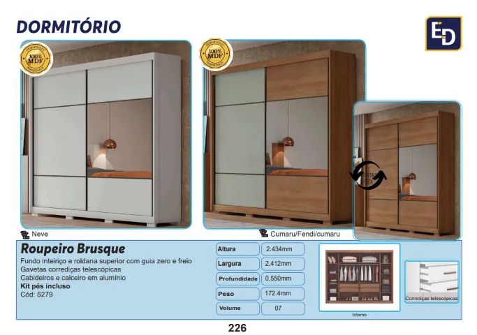 Roupeiro Brusque c/espelho e pés