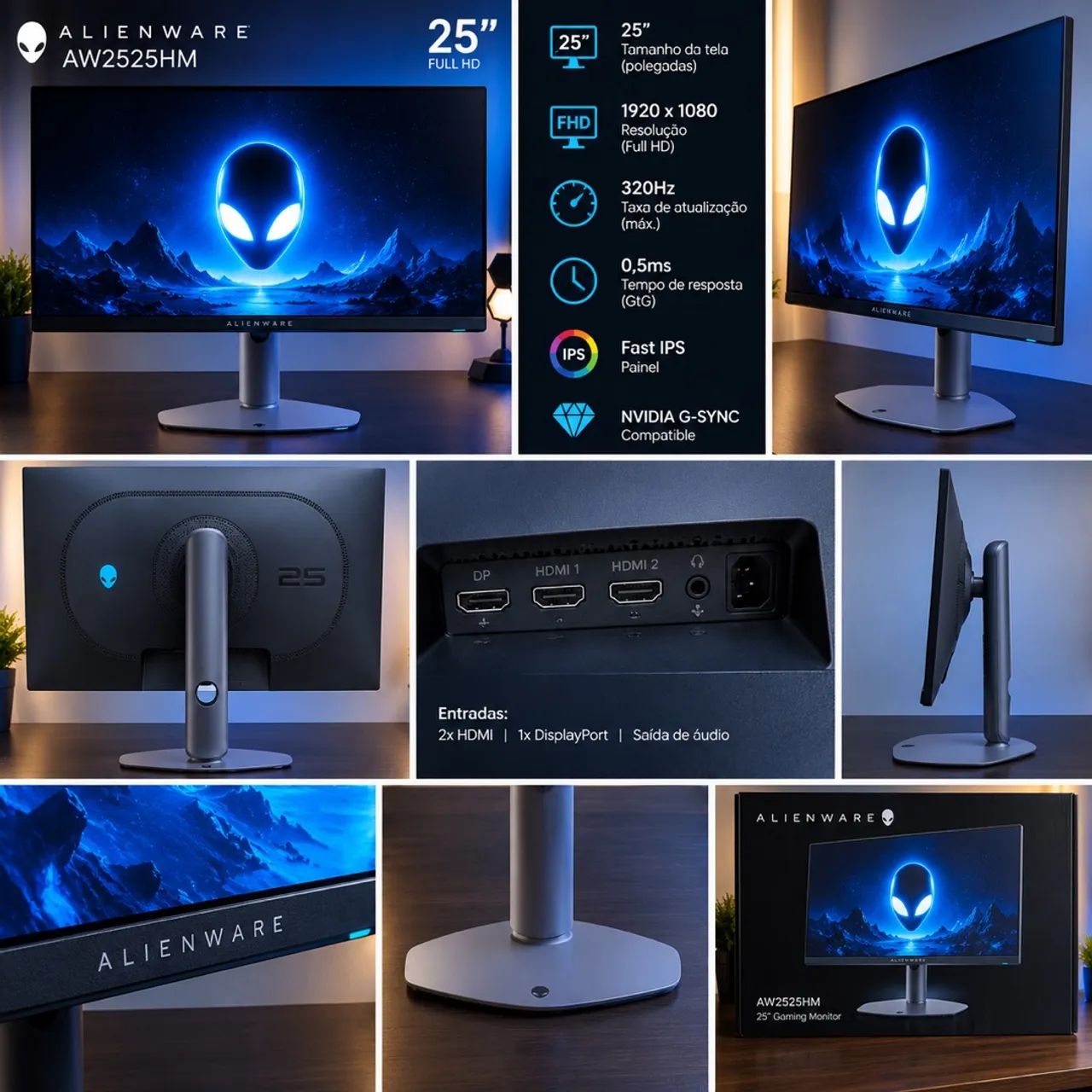 Monitor 320hz 0,5ms Alienware, 24,5 polegadas IPs Fast