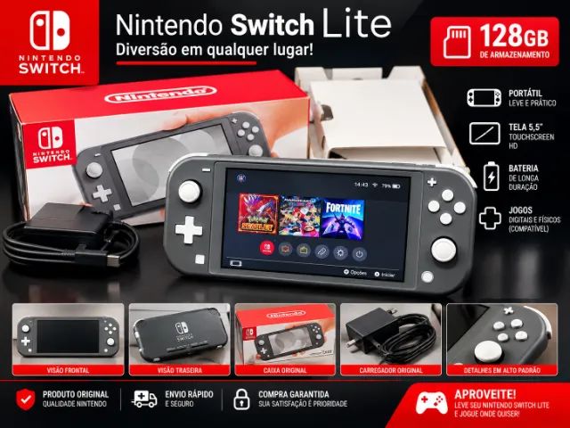 NINTENDO SWITCH LITE CINZA DESBLOQUEADO - 128GB - Consoles de