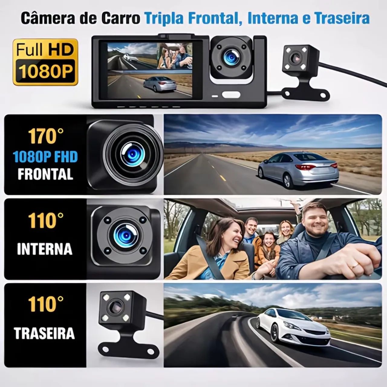 Câmera veicular Full HD com 3 Lentes - Foto 2