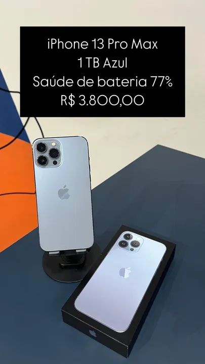 iPhone 13 Pro Max 1TB Azul Saúde de bateria 77% R$ 3.800,00 | Loja