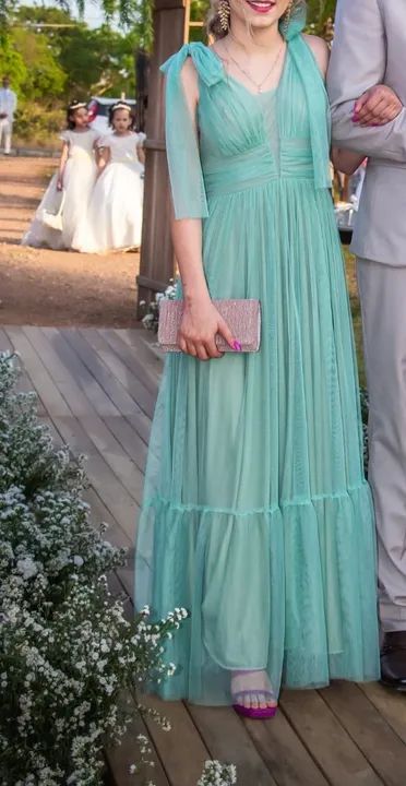 Vestido longo de tule verde menta para festa - Foto 2