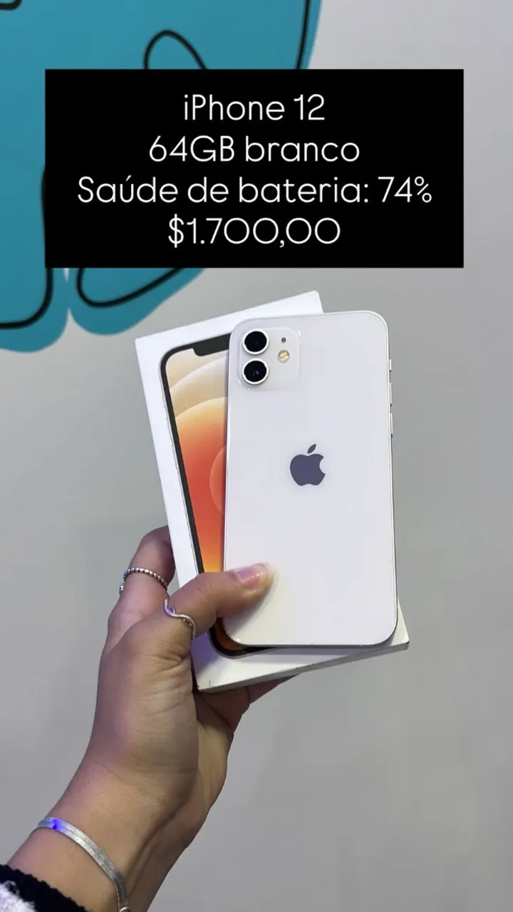 iPhone 12 / 64GB / Branco / Saúde de bateria 79% / R$ 1.850,00