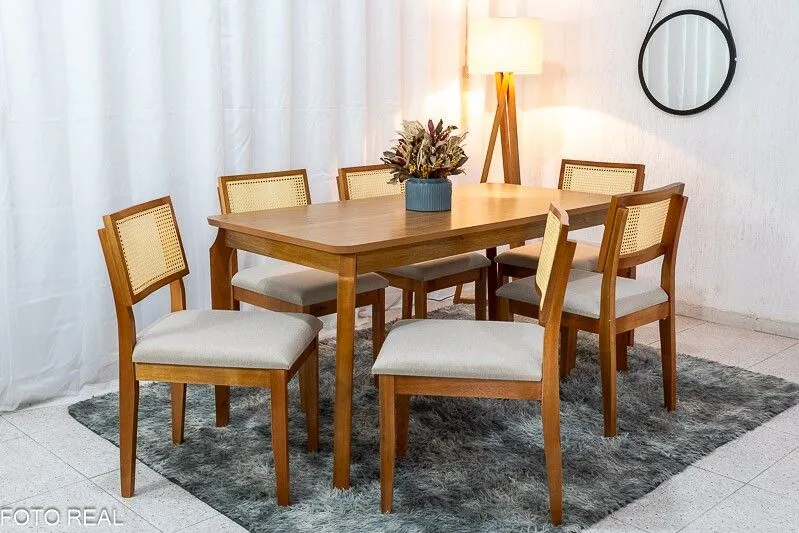 Mesa de Jantar 160x80 6 Cadeiras Linho Madeira Maciça