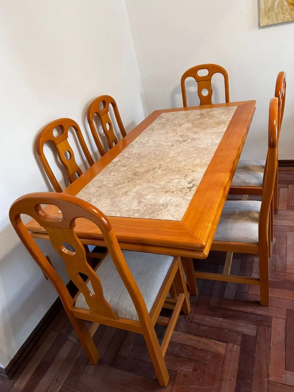 Mesa de jantar em madeira Marfim com tampo em Travertino