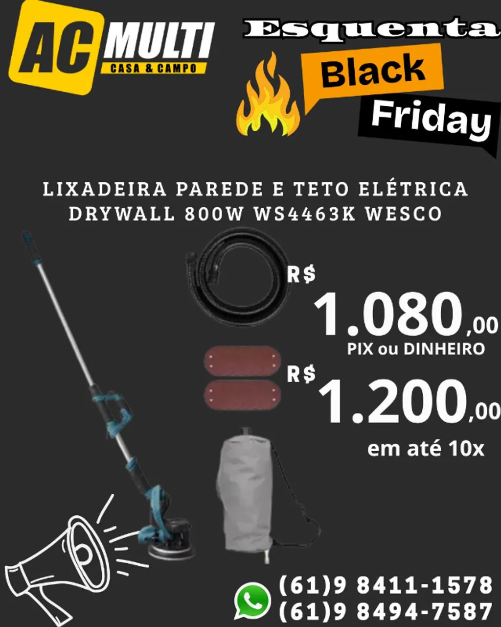 Lixadeira Parede e Teto Elétrica Drywall 800W WS4463K Wesco