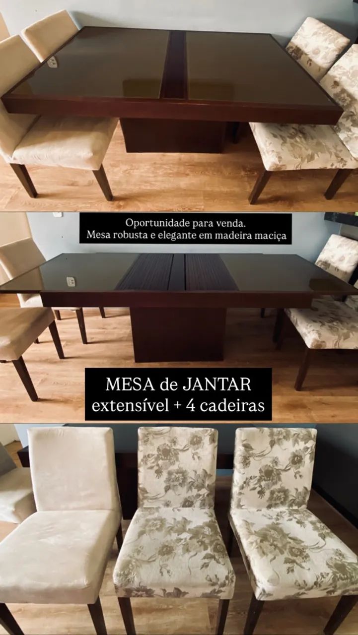 Mesa Extensível de Madeira + 4 Cadeiras 