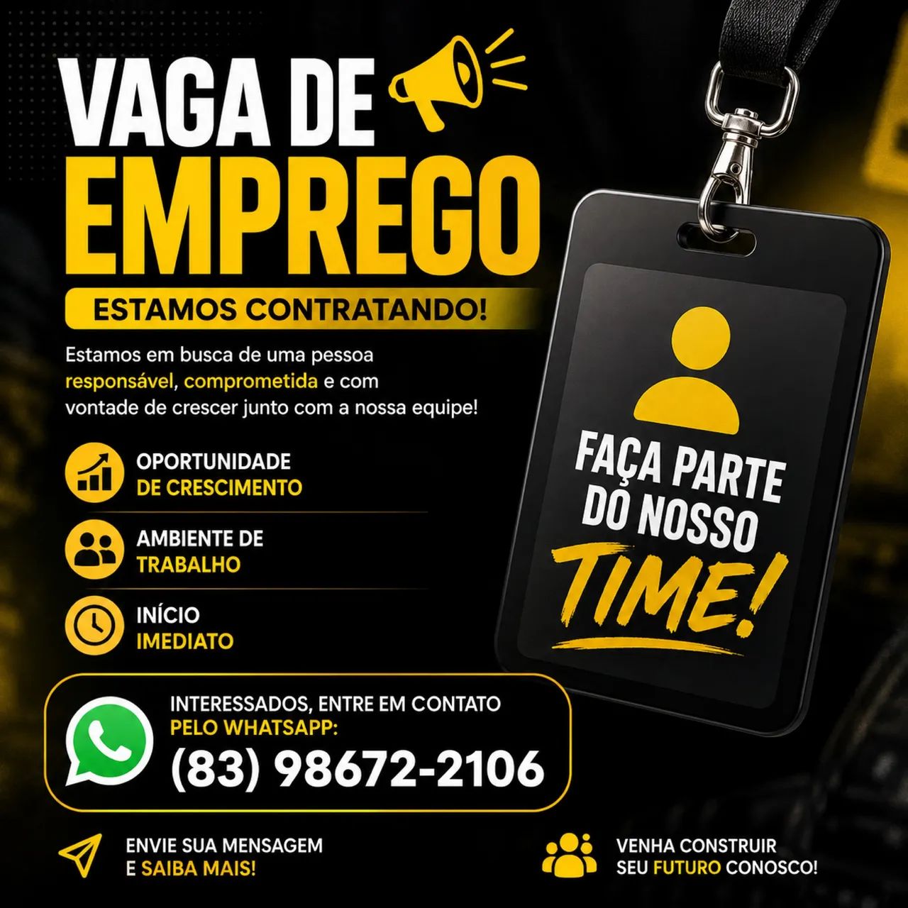 VAGA DE EMPREGO CONTRATAÇÃO IMEDIATA !