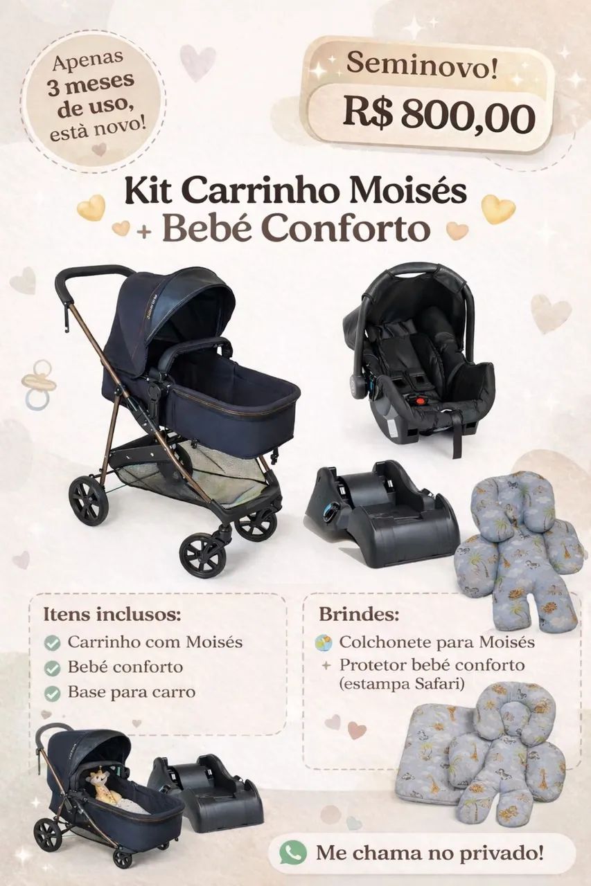Kit Carrinho Moisés mais Bebê Conforto semi novo
