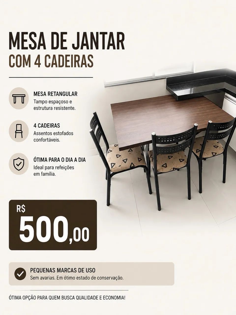 Mesa Retangular de madeira com 4 cadeiras de metal 
