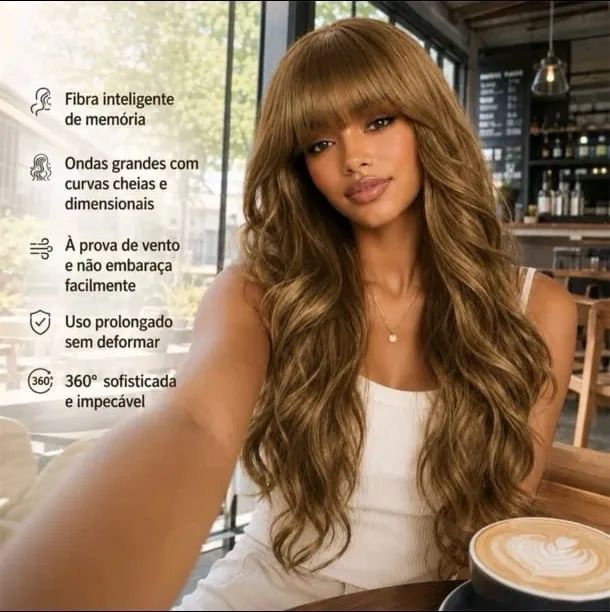 Peruca, Lace, Wig longa ondulada com franja