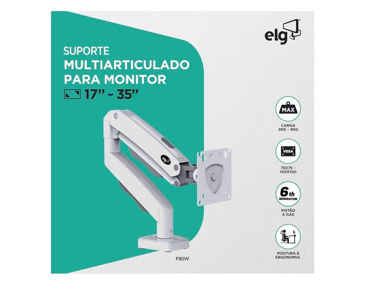 Suporte Articulado de Mesa com Pistão a Gás para Monitores de 17' a 35' Branco - F80W ELG - Foto 2