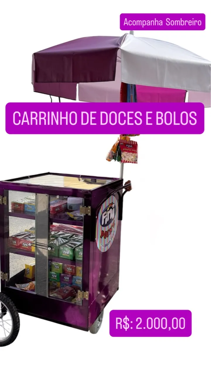 Carrinho de Doces e Bolos Completo com Sombreiro