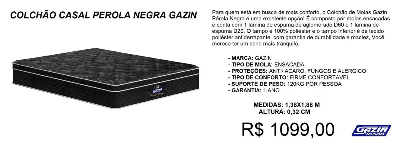 COLCHÃO CASAL GAZIN 32CM MOLAS ENSACADAS 