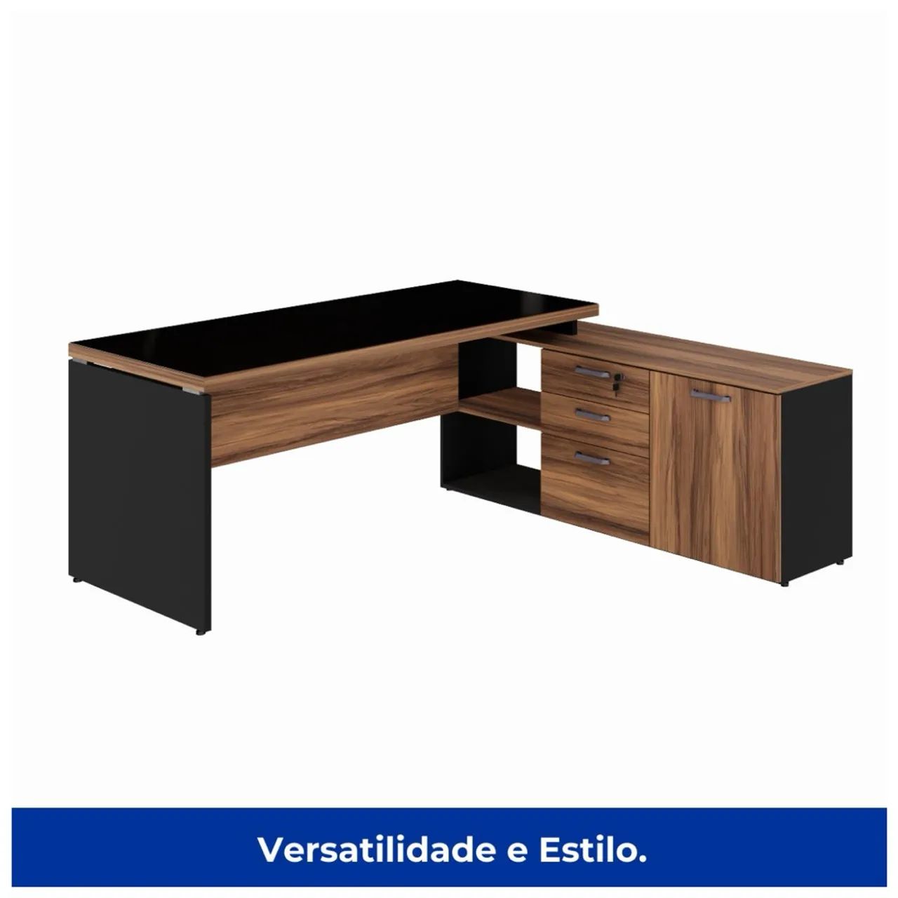 Mesa com TAMPO DE VIDRO de Escritório em L com Gavetas e Armário - Foto 4