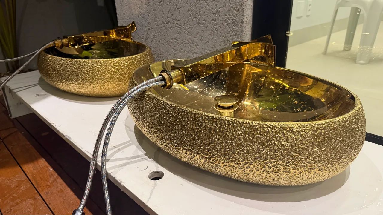 Conjunto Luxo Banheiro Duplo Dourado | 2 Cubas + 2 Torneiras + Bancada - Foto 5