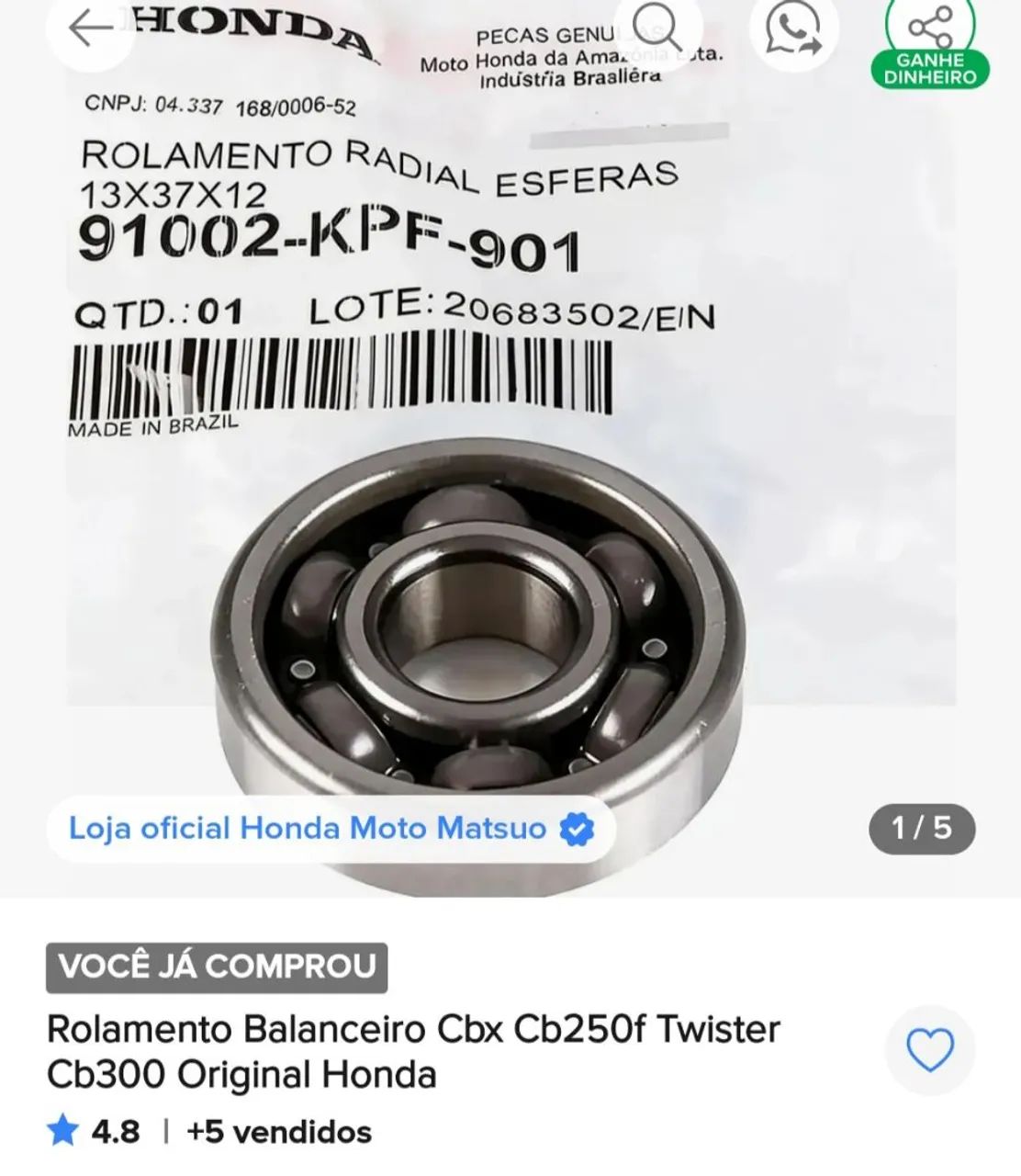 Rolamento Balanceiro ORIGINAL CB300 E CBX250 - Foto 3