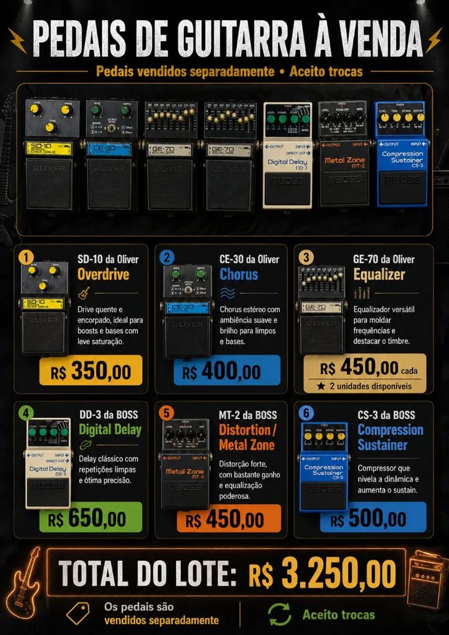 Pedais BOSS e Oliver: Overdrive, Chorus, Equalizer, Delay, Distortion e Compressor<br>