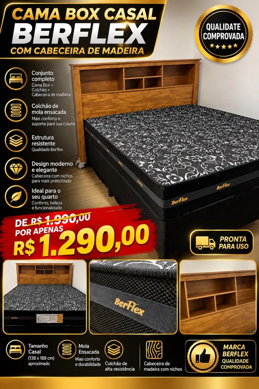 CAMA BOX CASAL BERFLEX COM CABECEIRA DE MADEIRA - Foto 4
