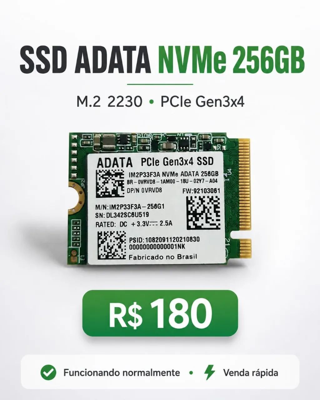 SSD NVMe ADATA 256GB M.2 2230 PCIe Gen3x4 - Armazenamento - Meaípe