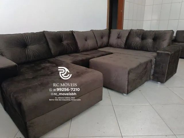 Sofá de canto Grande 3,10m com Chaise e Puff veludo macio D33 Premium - Foto 5