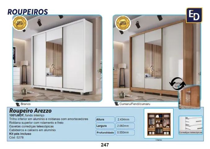 Roupeiro Arezzo 100%MDF c/espelho e pés