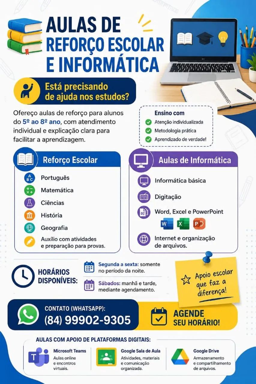 Aulas de Reforço Escolar (5º ao 8º Ano) e Informática 