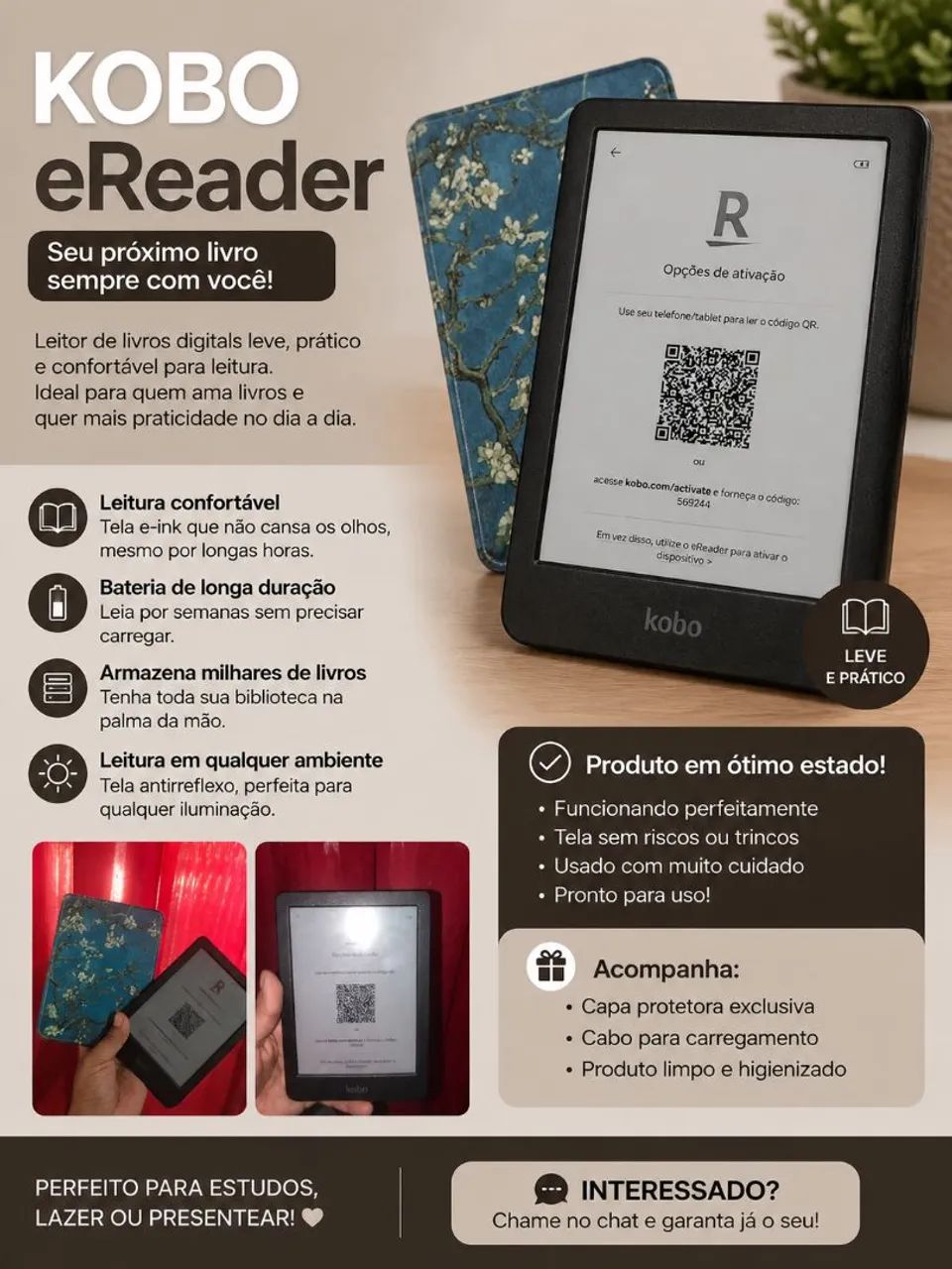 Kobo eReader + Capa Protetora - Excelente Estado
